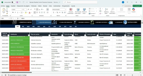 Informe de rendimiento financiero en Excel