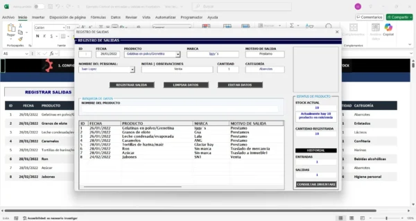 Registro de entradas y salidas en hoja de Excel