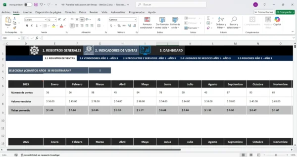 Métricas de ventas en Excel con barras y líneas