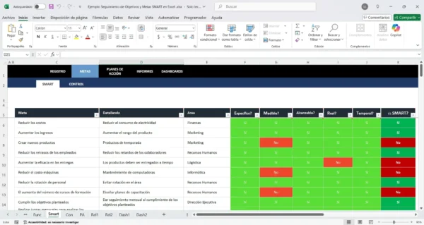 Plantilla de objetivos SMART en Excel para productividad