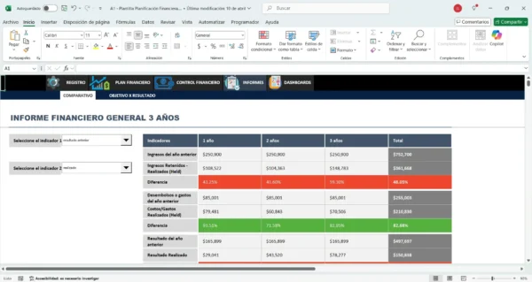Documento de plan financiero creado en Excel