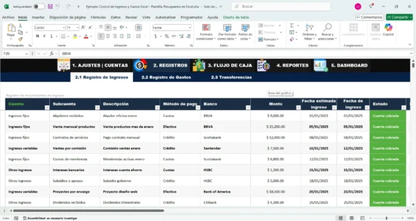 Modelo de control financiero en Excel para ingresos y egresos