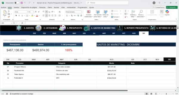 Modelo en Excel para plan de presupuesto de marketing