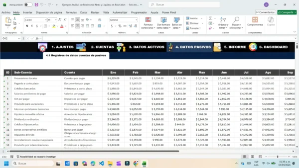 Hoja de cálculo de liquidez y patrimonio neto en Excel
