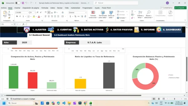 Informe financiero de patrimonio neto y liquidez en Excel